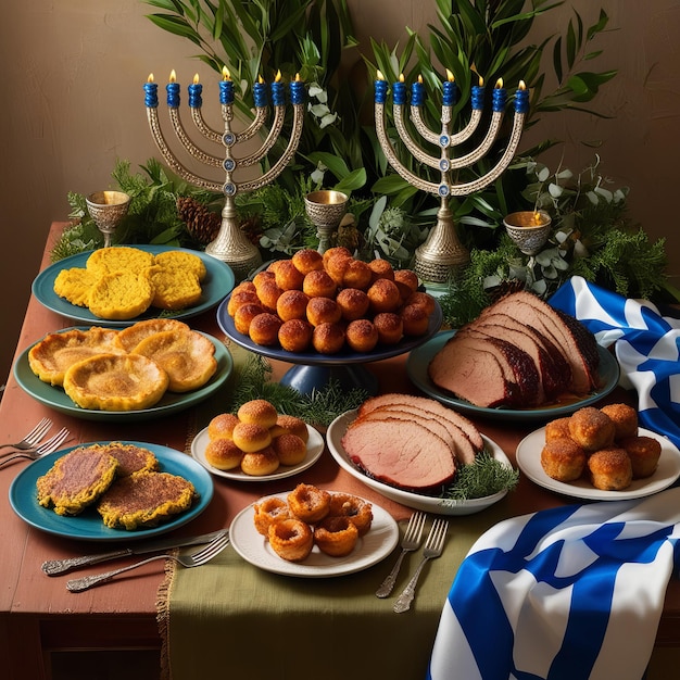 a table with a blue and white cloth with a blue candle that says  salami