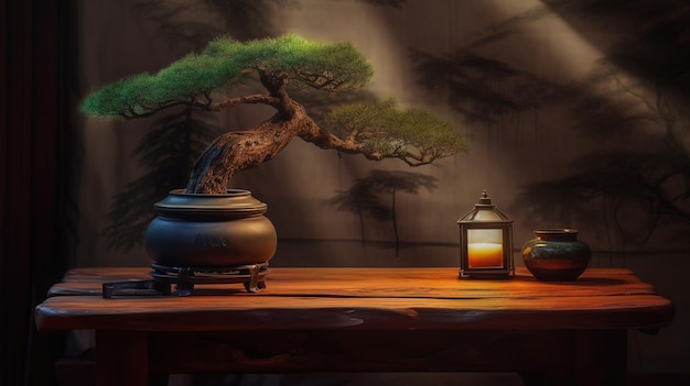 A table with a bonsai tree and a lantern on it