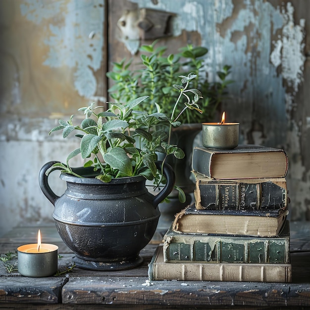 a table with books candle and botanicals