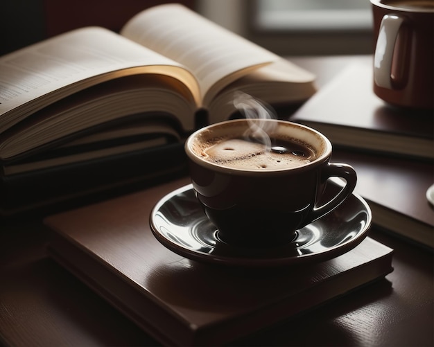 A table with books and hot coffee free download images