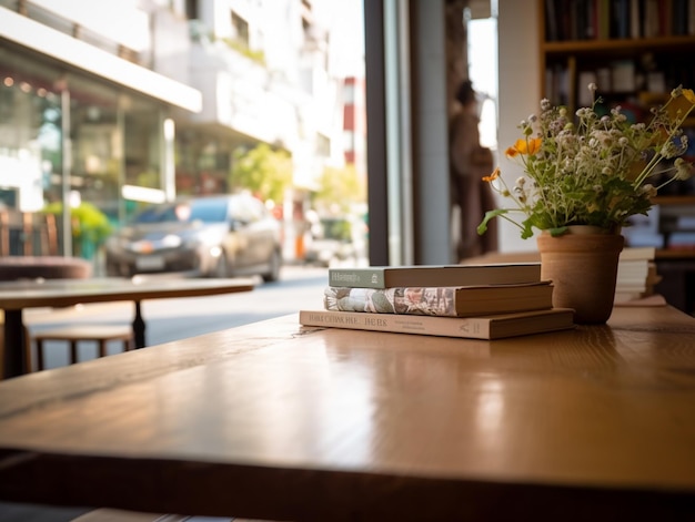 A table with books on it and a plant on the table