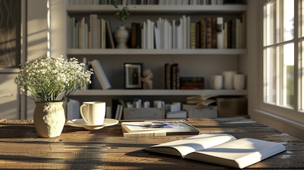 Photo a table with books and a vase of flowers on it