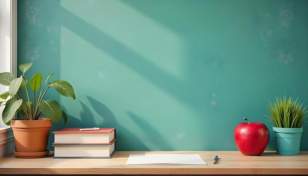 a table with books a vase and a plant on it