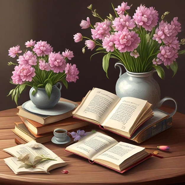 a table with books and a vase with flowers on it