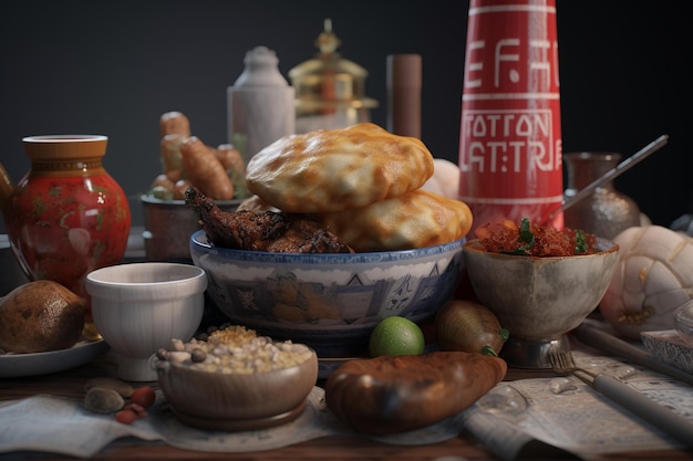 A table with a bottle of cotton kilns and a bowl of food