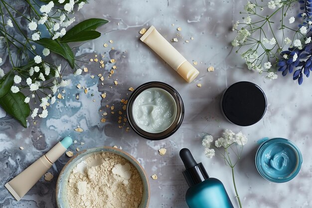 Photo a table with a bottle of cream and flowers on it