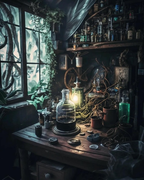 A table with a bottle of magic potion and a bottle of magic.