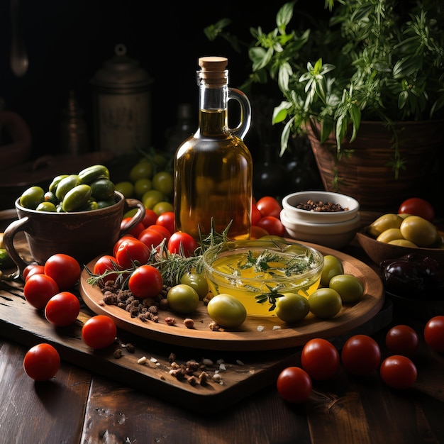 a table with a bottle of olive oil and tomatoes