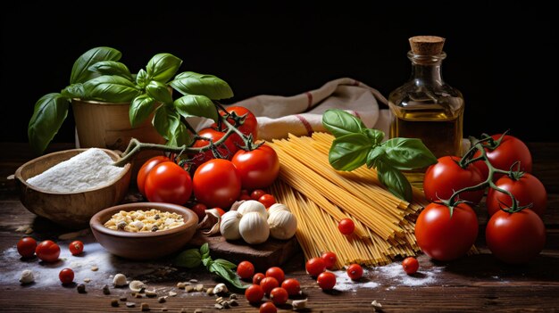 Photo a table with a bottle of olive oil and tomatoes