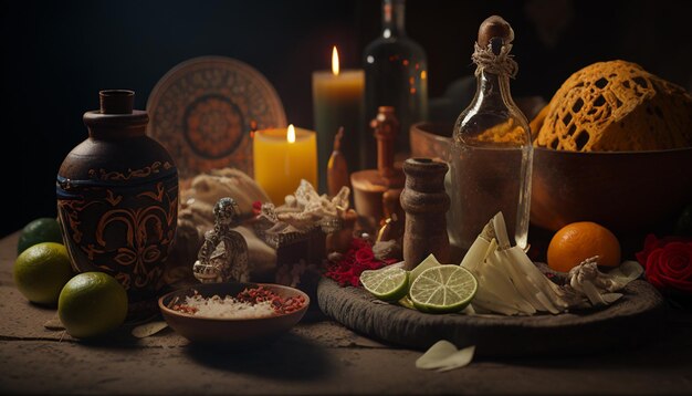 Photo a table with a bottle of wine and a bottle of limes