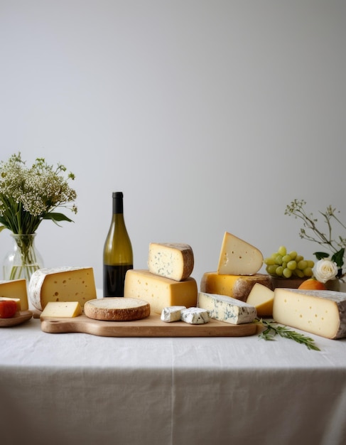 Photo a table with a bottle of wine and cheese and a bottle of wine