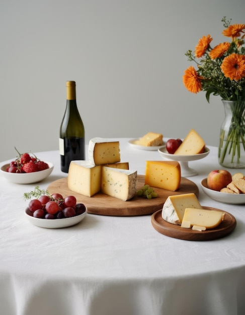 a table with a bottle of wine and cheese and a bottle of wine