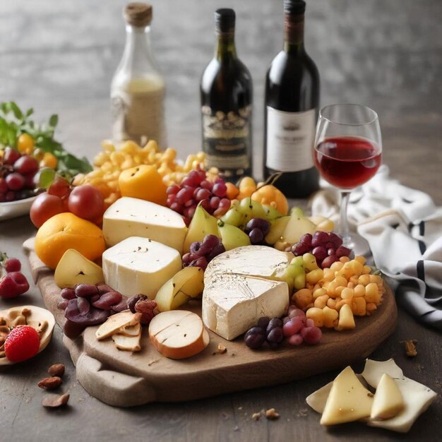 Photo a table with a bottle of wine cheese and cheese and a bottle of wine