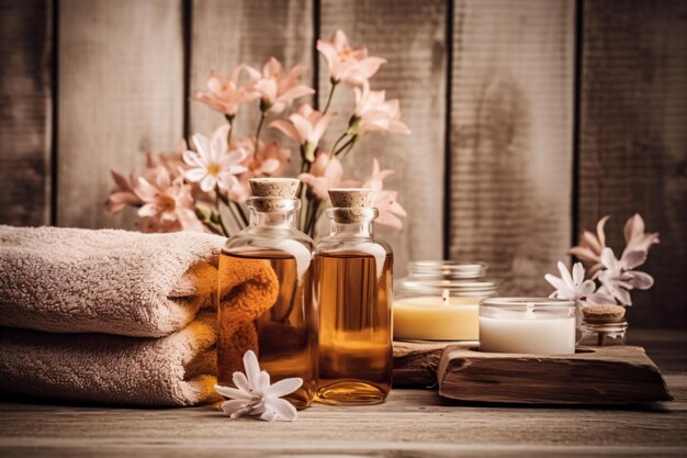 A table with bottles of essential oils and lavender flowers