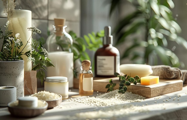 a table with bottles of perfume and a bottle of perfume on it