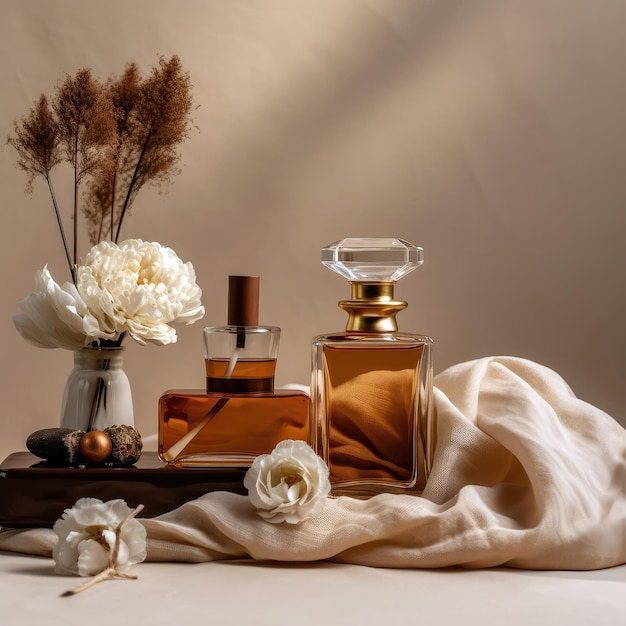 A table with bottles of perfume and flowers on it