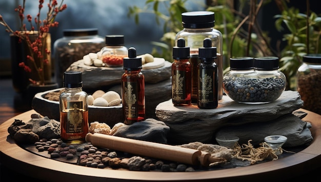 a table with bottles of perfume and spices on it