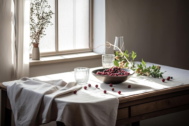 A table with a bowl of berries on it