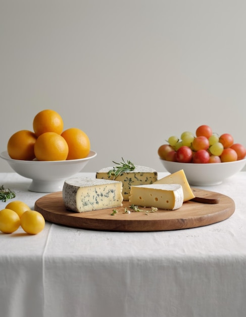 Photo a table with a bowl of cheese fruit and vegetables on it