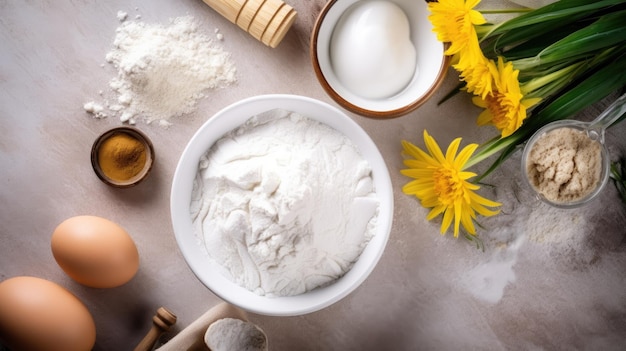 A table with a bowl of flour and a bowl of sugar and a bowl of sugar.