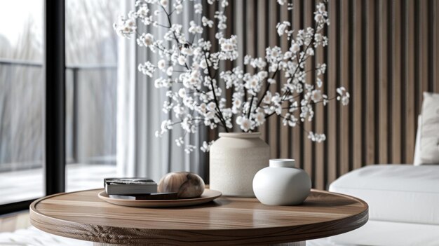 Photo a table with a bowl of flowers and a bowl of cherry blossom on it