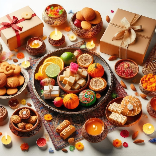 a table with a bowl of food and a box of cookies