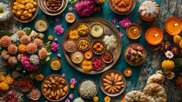 Photo a table with a bowl of food and flowers on it