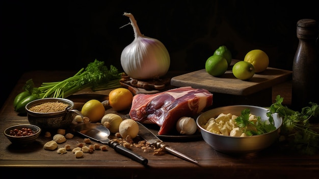 A table with a bowl of food and a knife with a piece of pork on it.