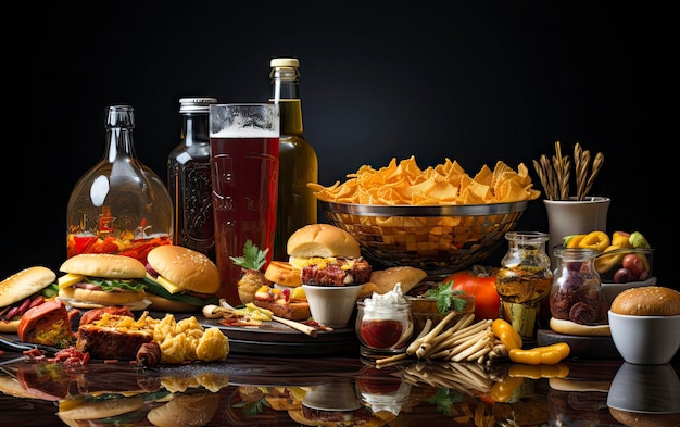 A table with a bowl of nachos, chips, and a bowl of potato chips.