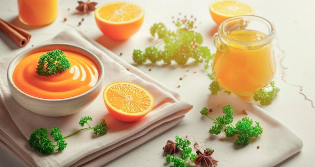 a table with a bowl of oranges and a bowl of parsley