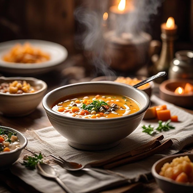 a table with a bowl of soup and a bowl of soup with a spoon