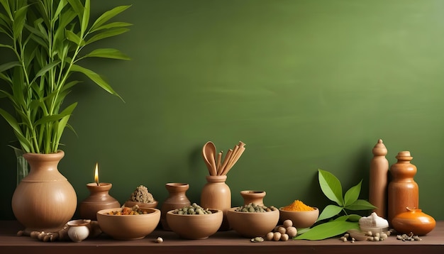 Photo a table with bowls of ayurvedic medicine and a green background