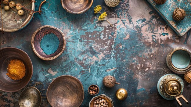 Photo a table with bowls and a blue background with a few gold balls and a blue object on it