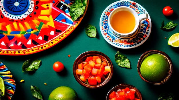 Photo a table with bowls bowls cups and plates with food on it