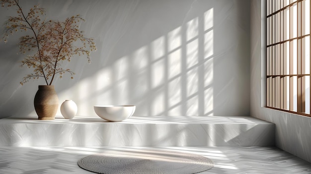 a table with bowls and bowls on it and a vase with flowers in the background