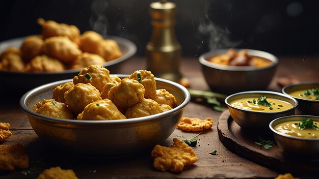 Photo a table with bowls of food and a bowl of dipping sauce