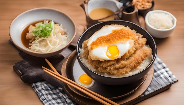 a table with bowls of food and a bowl of food with a fried egg on it