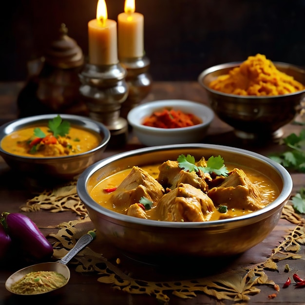 a table with bowls of food and a candle on it