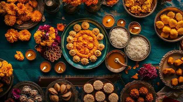 Photo a table with bowls of food and flowers on it