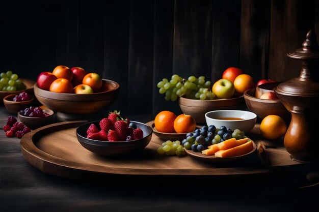 A table with bowls of food and fruit on it