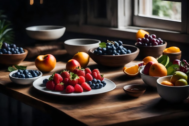 A table with bowls of food and fruit on it