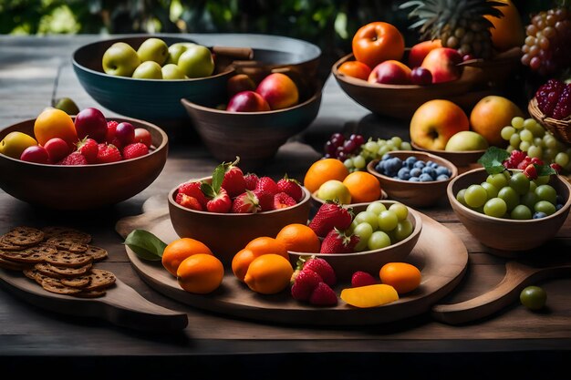 A table with bowls of food and fruit on it