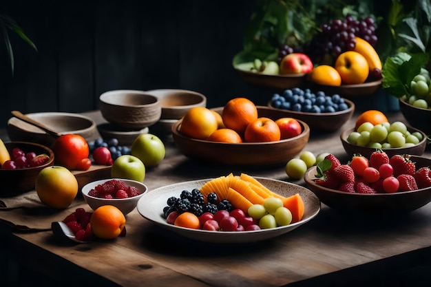 A table with bowls of food and fruit on it