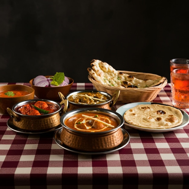 a table with bowls of food and a glass of water