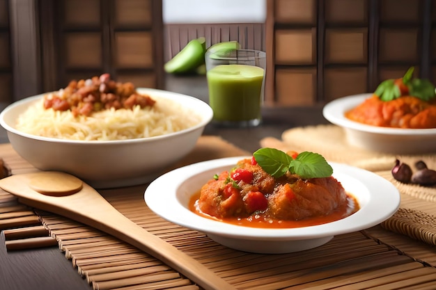 A table with bowls of food including chicken and rice.