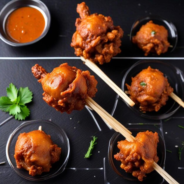 Photo a table with bowls of food including chicken and sauce