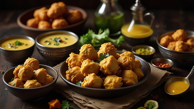 a table with bowls of food including fried chicken and veggies