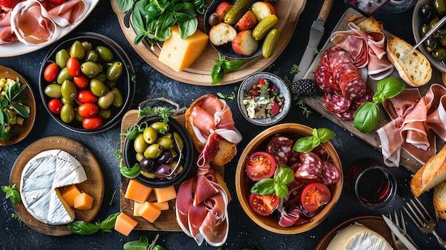 a table with bowls of food including meat cheese tomatoes and cheese