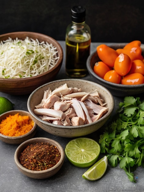 a table with bowls of food including meats and vegetables