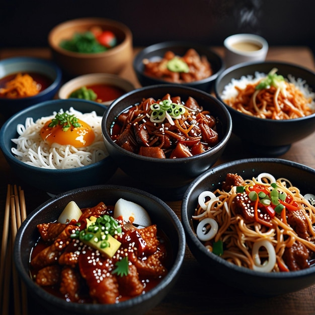 Photo a table with bowls of food including noodles rice and noodles